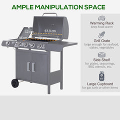 Outsunny 4+1 Burner Gas BBQ Grill, Outdoor Barbecue Trolley with Wheels, Warming Rack, Side Shelves, Cabinet, Thermometer for Garden, Party, Camping, 125L x 51W x 100Hcm, Grey