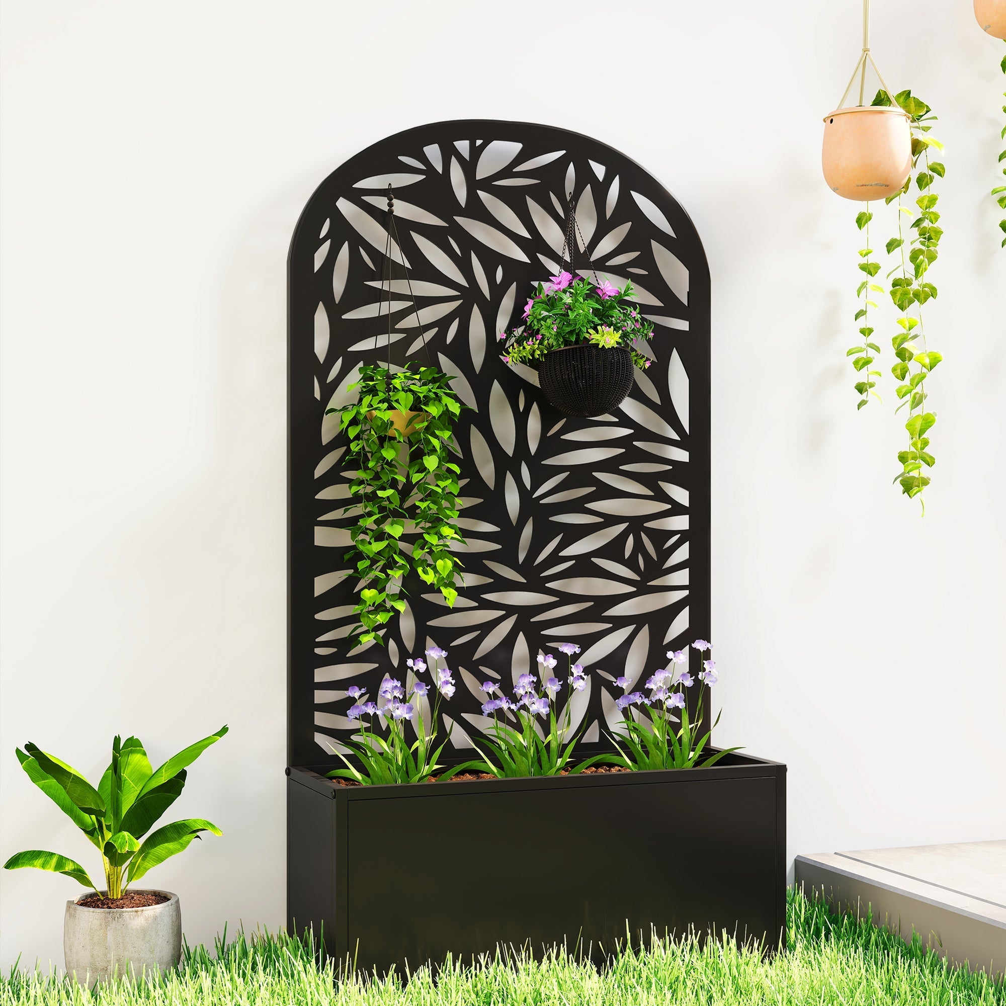 Outsunny Metal Garden Bed for Garden with Trellis, Wall Mounted or Freestanding Raised Planter with Curved Privacy Screen