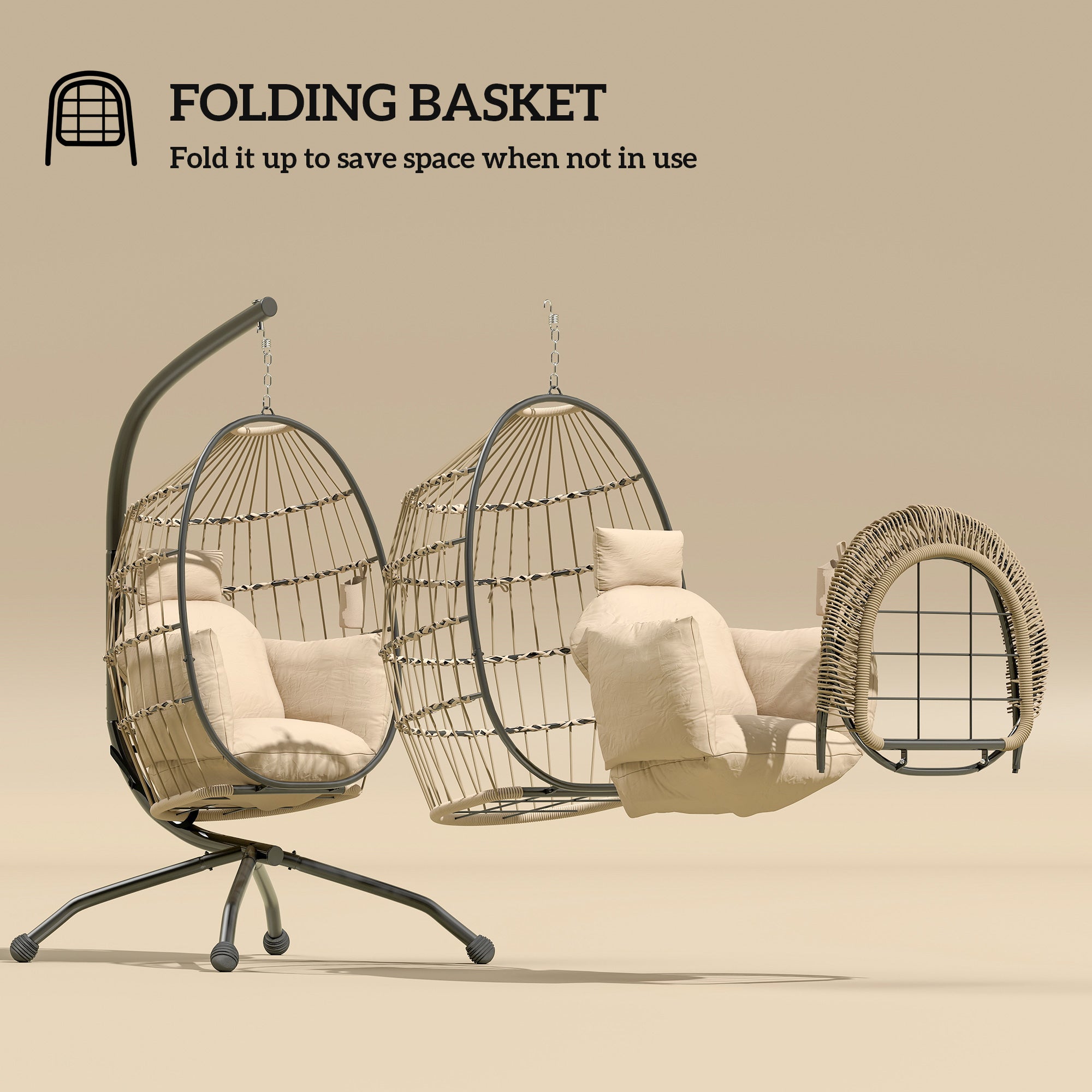 Outsunny Hanging Egg Chair Outdoor Indoor Garden Swing Chair with Folding Basket and Thickened Cushion, Garden Hanging Chair with Stand, Headrest, Cup Holder for Patio, Balcony, Khaki