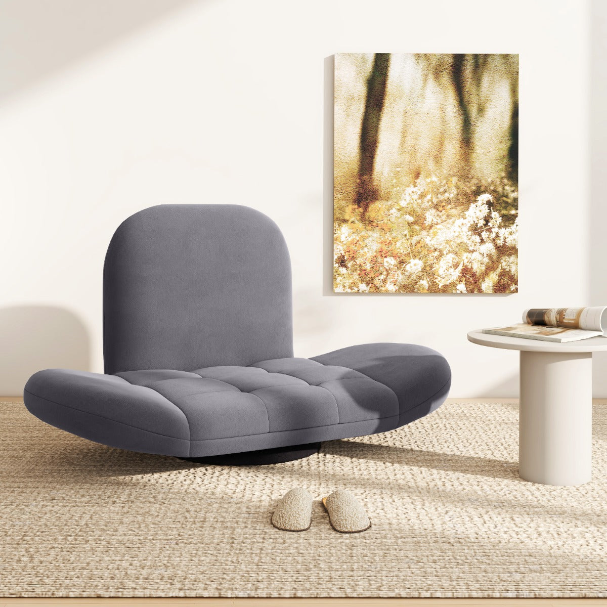 Swivel Floor Chair with Adjustable Backrest and Armrests-Grey