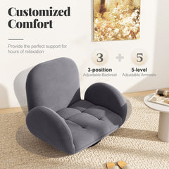 Swivel Floor Chair with Adjustable Backrest and Armrests-Grey