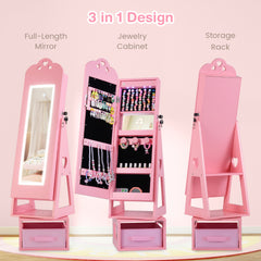 Swivel Kids Jewelry Cabinet with Full-Length Mirror and Lights-Pink