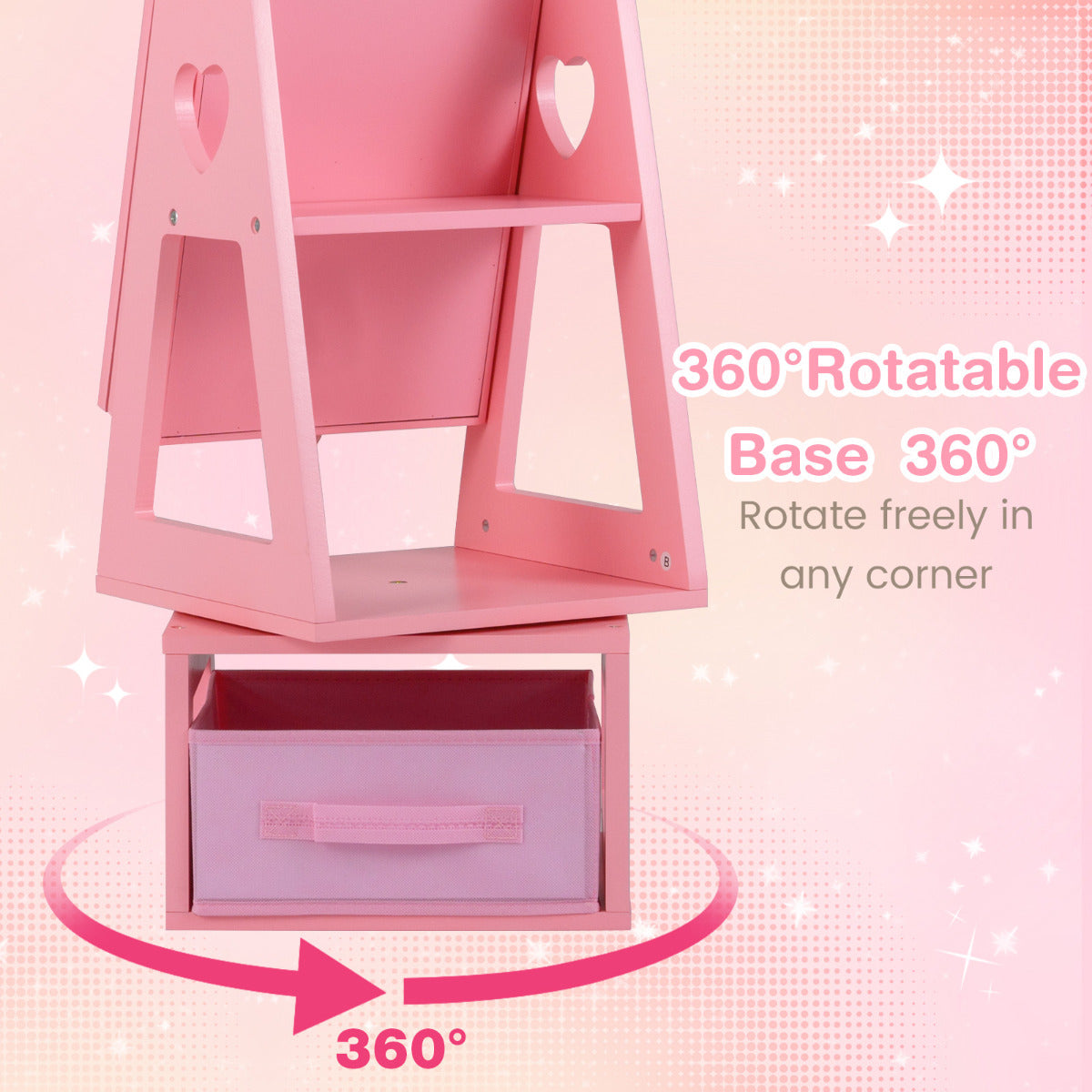 Swivel Kids Jewelry Cabinet with Full-Length Mirror and Lights-Pink