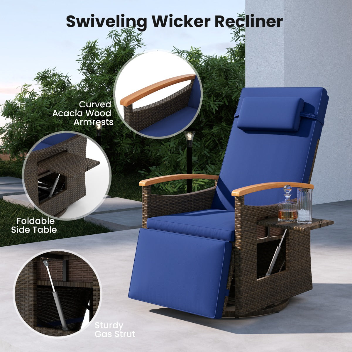 Outdoor 360° Swivel Rattan Recliner Chair with Adjustable Backrest and Footrest-Navy