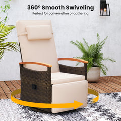 Outdoor 360° Swivel Rattan Recliner Chair with Adjustable Backrest and Footrest-Brown