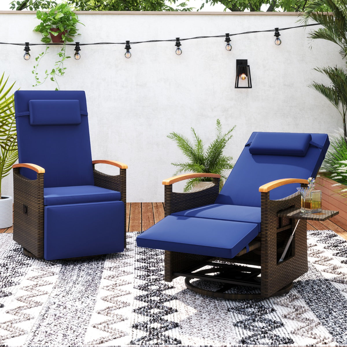 Outdoor 360° Swivel Rattan Recliner Chair with Adjustable Backrest and Footrest-Navy