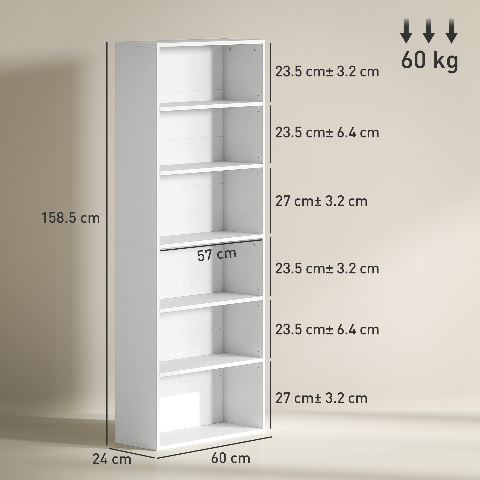 HOMCOM Six Shelf Bookcase - White