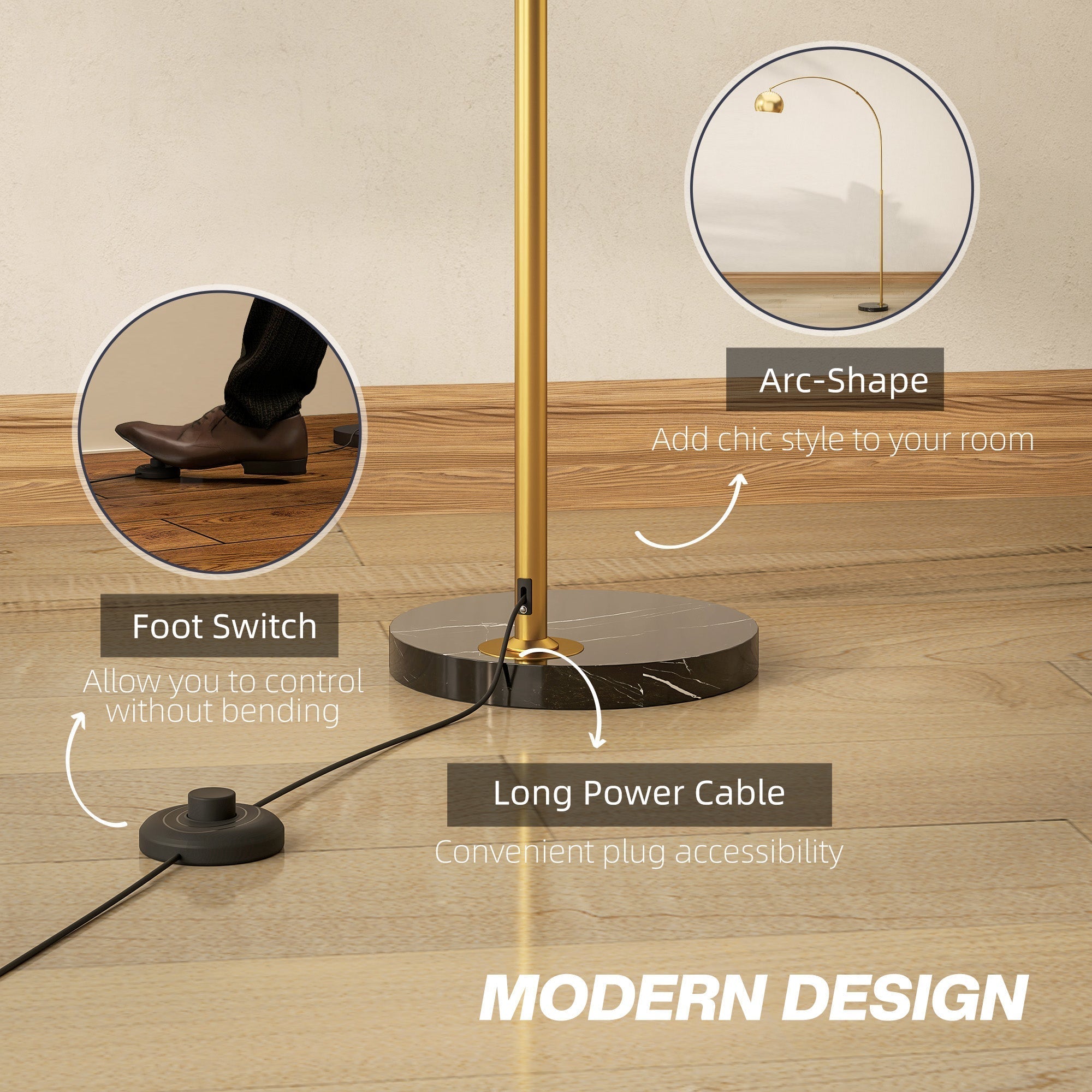 HOMCOM 180cm Arc Floor Lamp for Living Room, Modern Adjustable Standing Lamp with Foot Switch, Faux Black Marble Base and Bell Shade for Home Offices, Bedrooms, Gold Tone