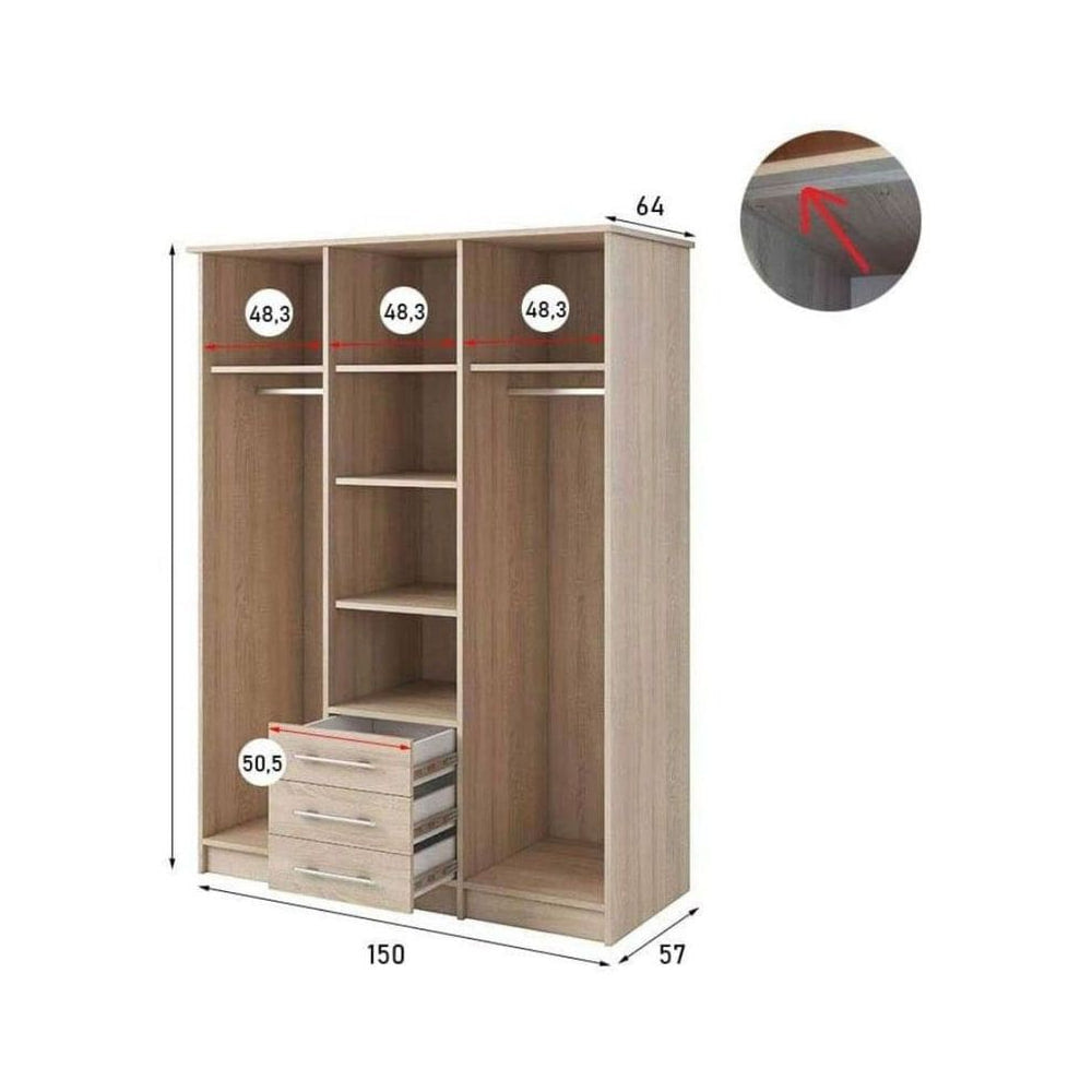 Wooden wardrobe with dimensions labeled on a white background