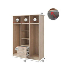 Wooden wardrobe with dimensions labeled on a white background