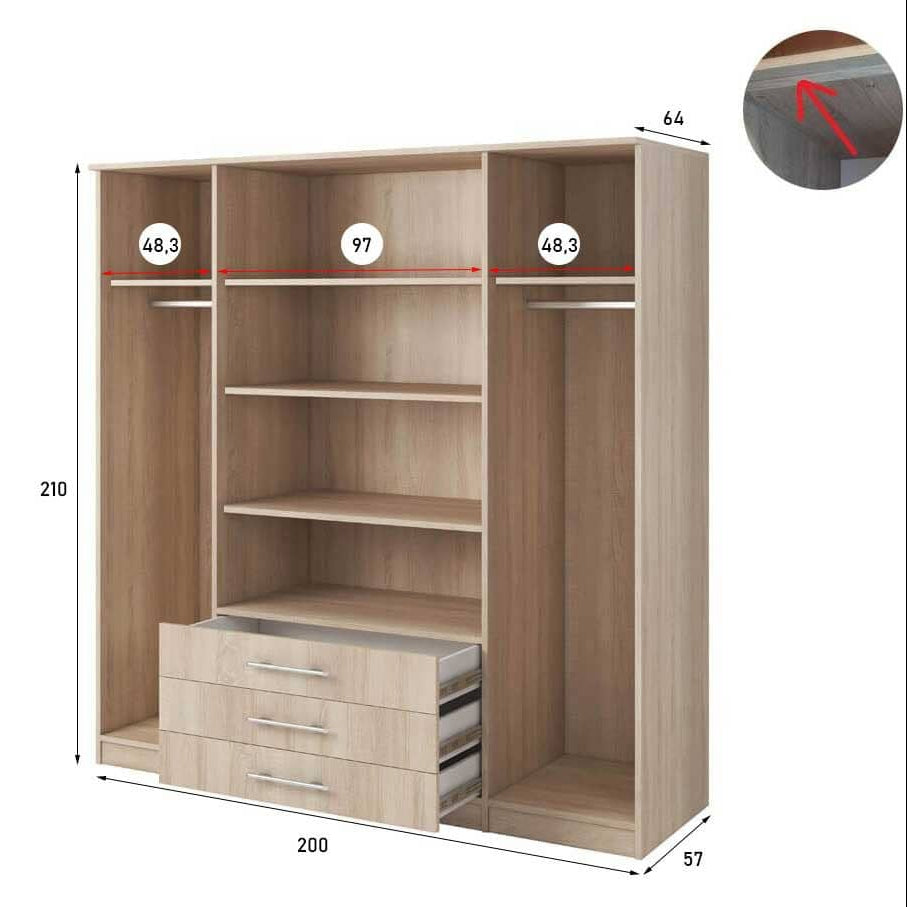 Wooden wardrobe with measurements on a white background