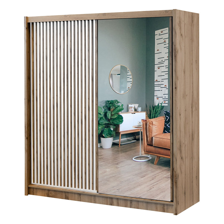 Oak Wotan / White Mirrored Sliding Door Wardrobe 203cm – WINDSOR