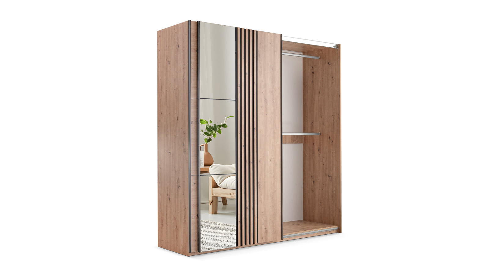 Oak Artistan Mirrored Sliding Door Wardrobe 200cm – KINGSLEY