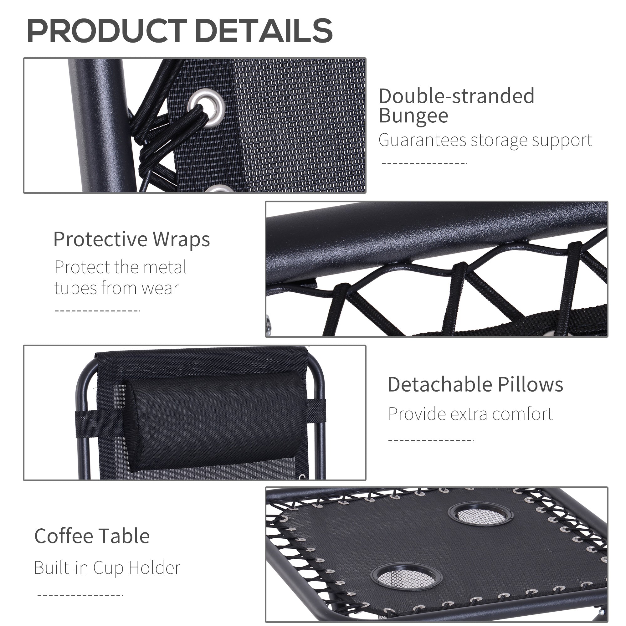 Outsunny Folding Zero Gravity Chairs, 3 Pieces Adjustable Sun Lounger and Table Set with Cup Holder and Headrest, Patio Bistro Set with Reclining Garden Chairs for Outdoor, Black