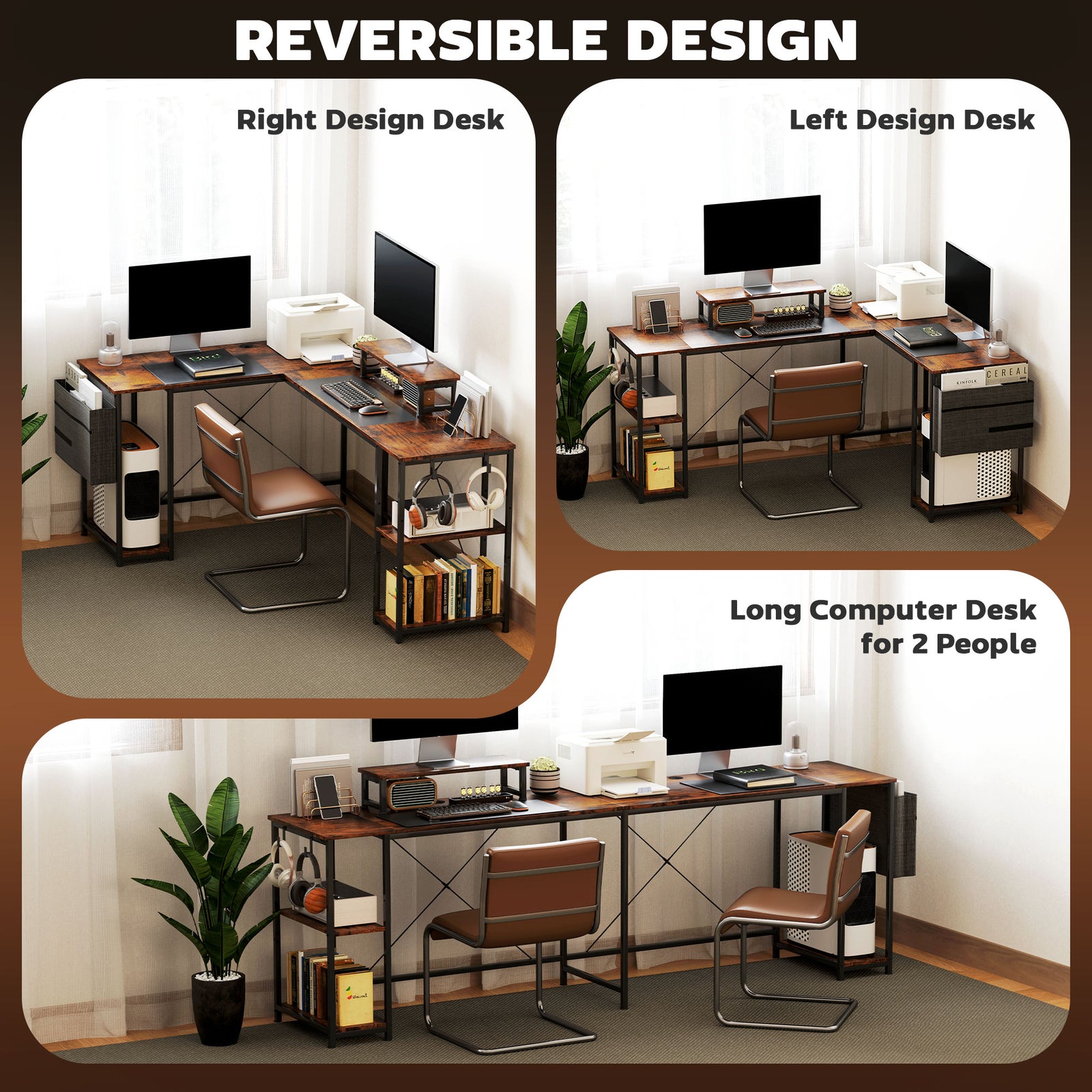 HOMCOM 168cm Reversible L Shaped Desk, Industrial Corner Computer Desk with Adjustable Shelf and Storage Bag, 240cm 2 Person PC Table with Monitor Stand, Rustic Brown