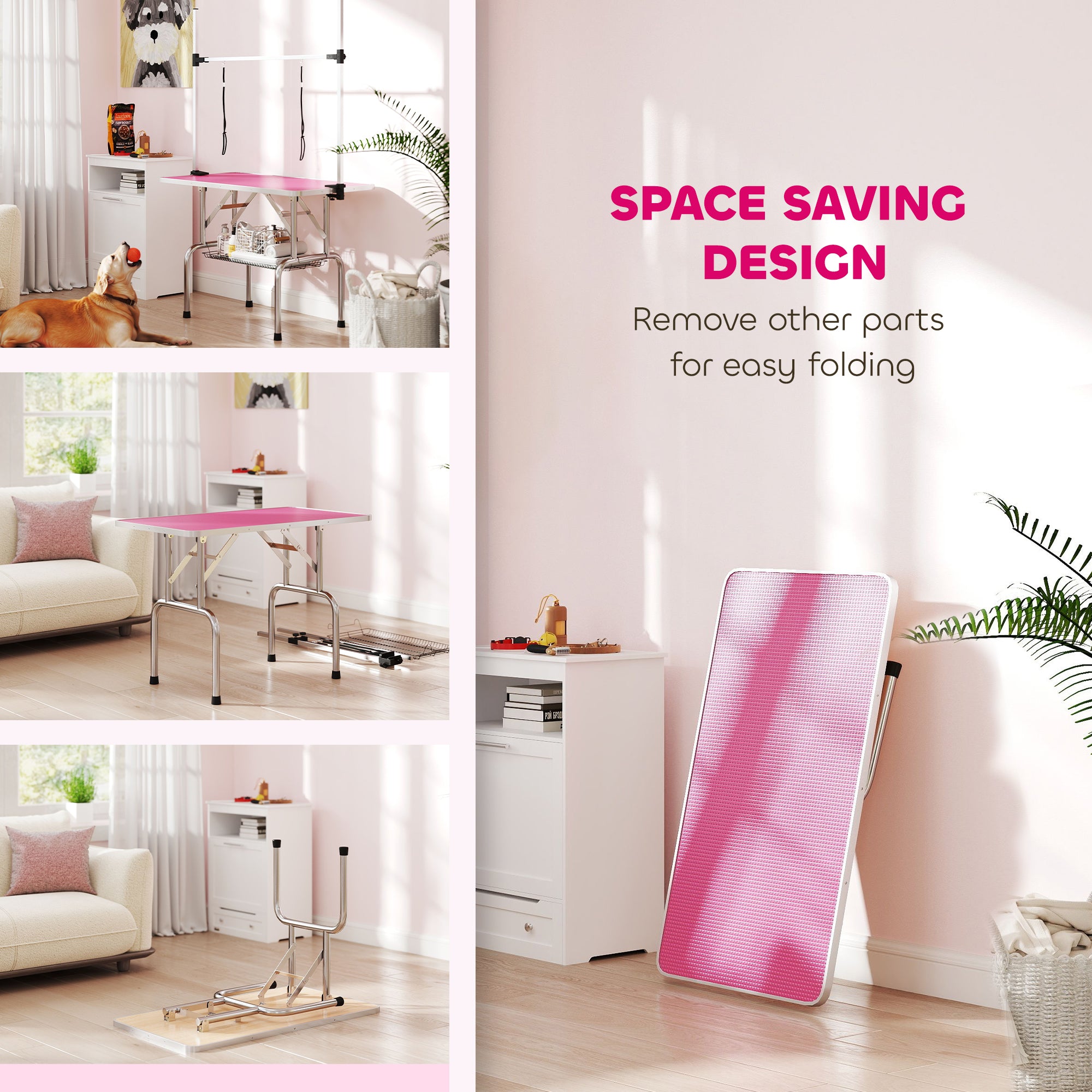 PawHut 42" Dog Grooming Table, Adjustable Pet Cat Drying Beauty Table with 2 Loops Storage Basket, Rubber Top, Pink