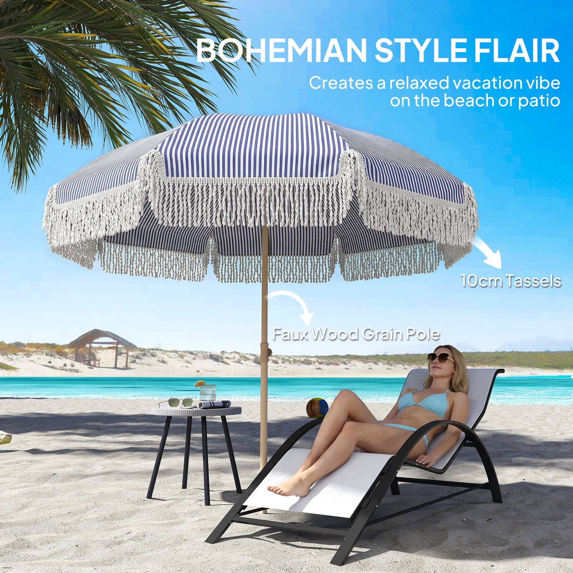 Outsunny 1.7 m Beach Umbrella with Sand Anchor, 30Â° Tilting Fringed Beach Garden Parasol with Adjustable Height, Blue
