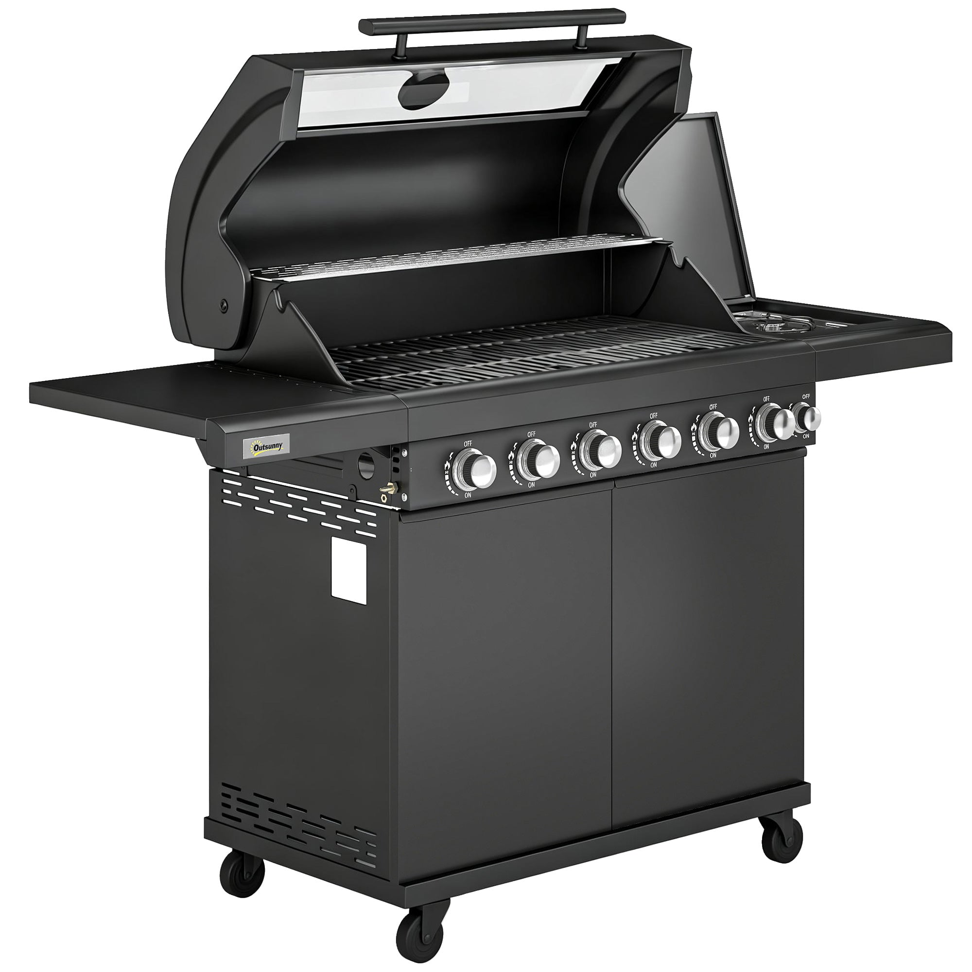 Outsunny 6+1 Burner Gas BBQ Grill, Outdoor Barbecue Trolley with Wheels, Warming Rack, Thermometer, Bottle Opener, Black