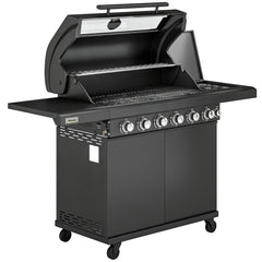 Outsunny 6+1 Burner Gas BBQ Grill, Outdoor Barbecue Trolley with Wheels, Warming Rack, Thermometer, Bottle Opener, Black