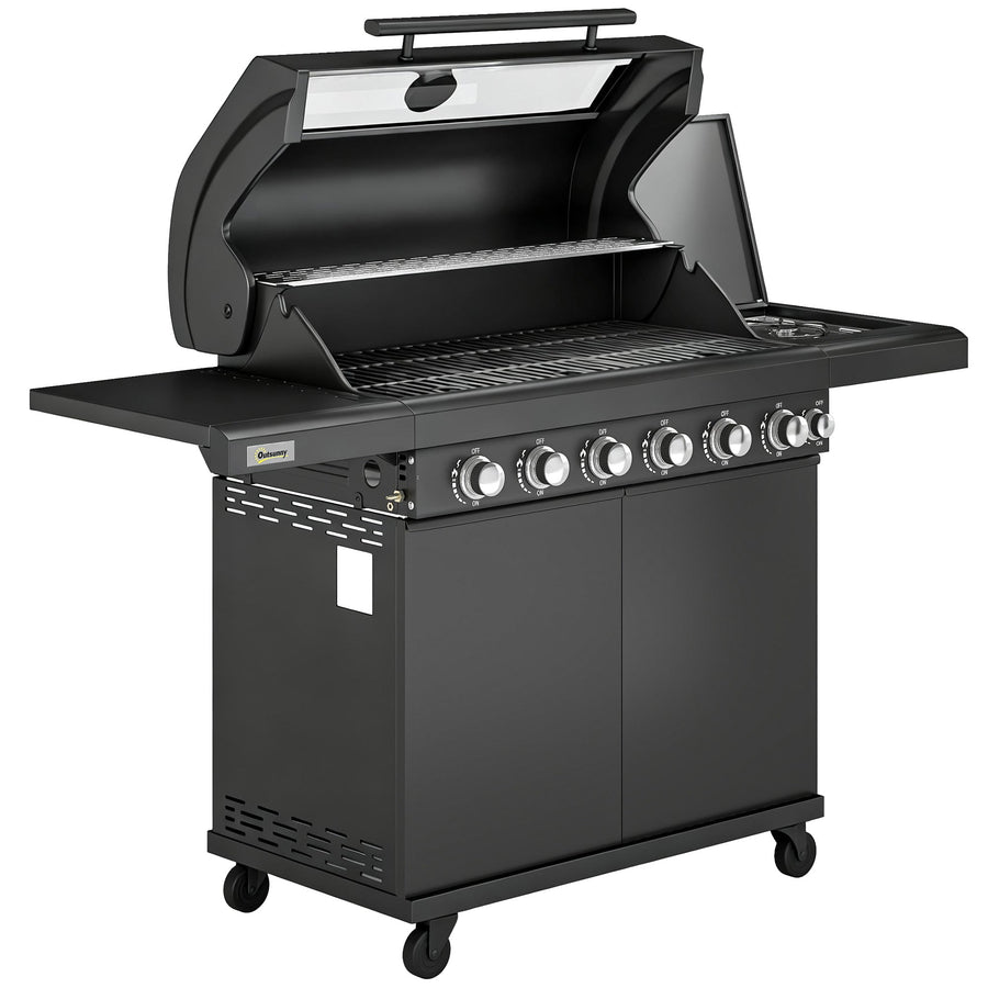 Outsunny 6+1 Burner Gas BBQ Grill, Outdoor Barbecue Trolley with Wheels, Warming Rack, Thermometer, Bottle Opener, Black