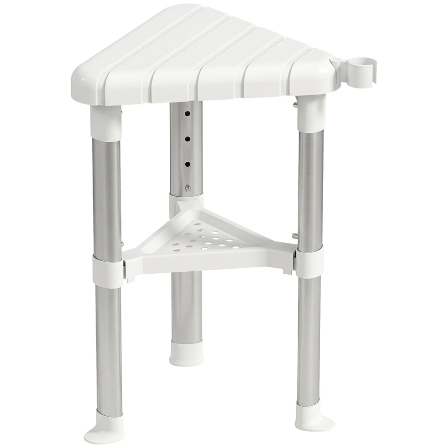 HOMCOM Shower Stool, Aluminium Alloy Corner Shower Chair with Storage Shelf and HDPE Seat, Adjustable Height, White