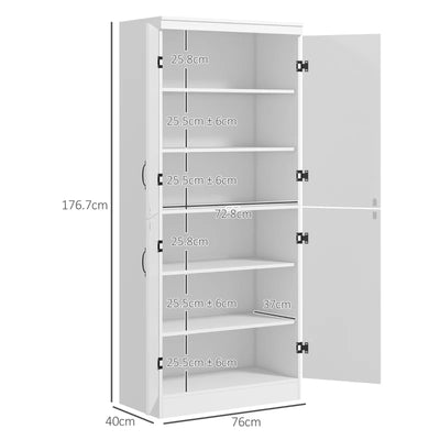 4-Door Tall Kitchen Cupboard, Freestanding 6-Tier Storage Cabinet with 2 Adjustable Shelves, White