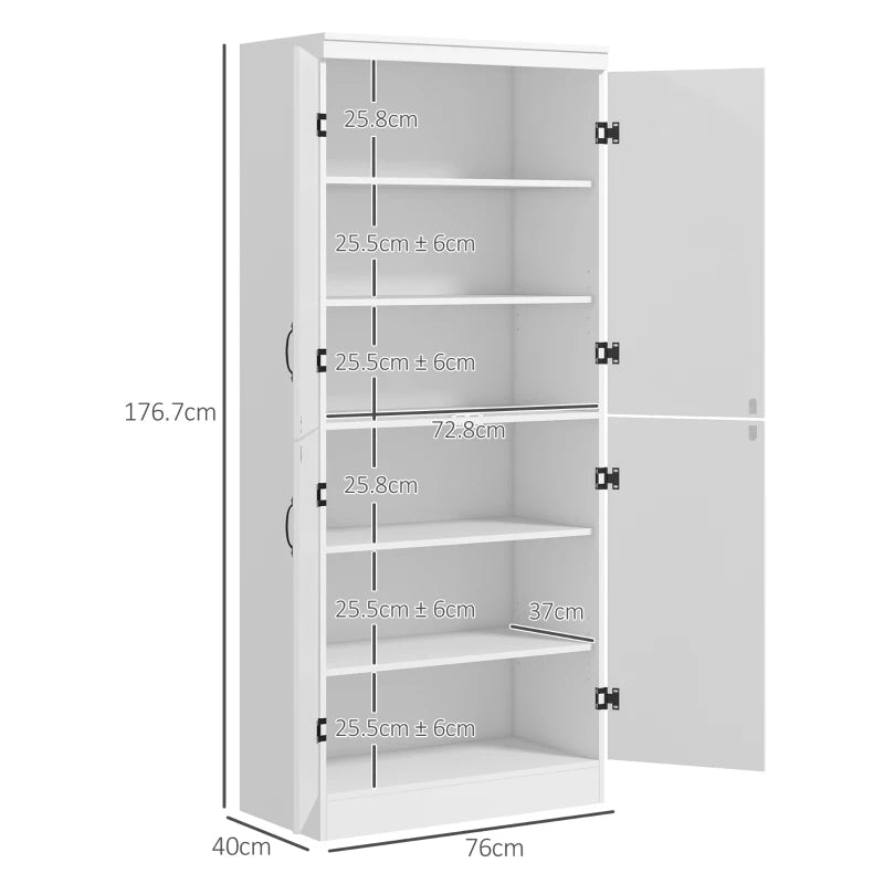 4-Door Tall Kitchen Cupboard, Freestanding 6-Tier Storage Cabinet with 2 Adjustable Shelves, White