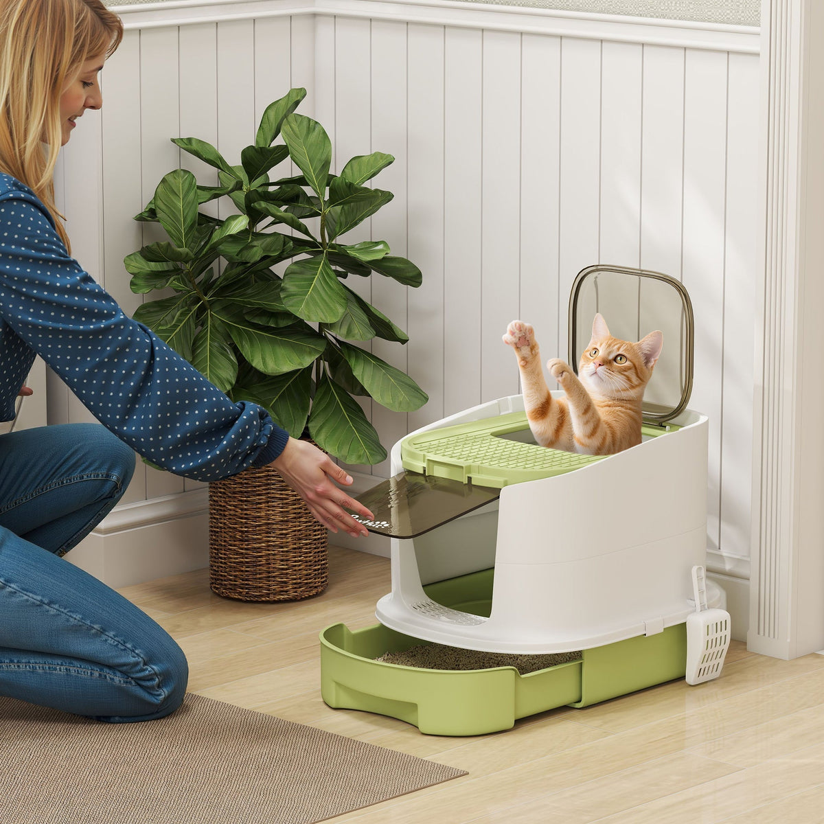 PawHut Cat Litter Box with Lid, Scoop, Deodorisation Bags, Top Entry, Green