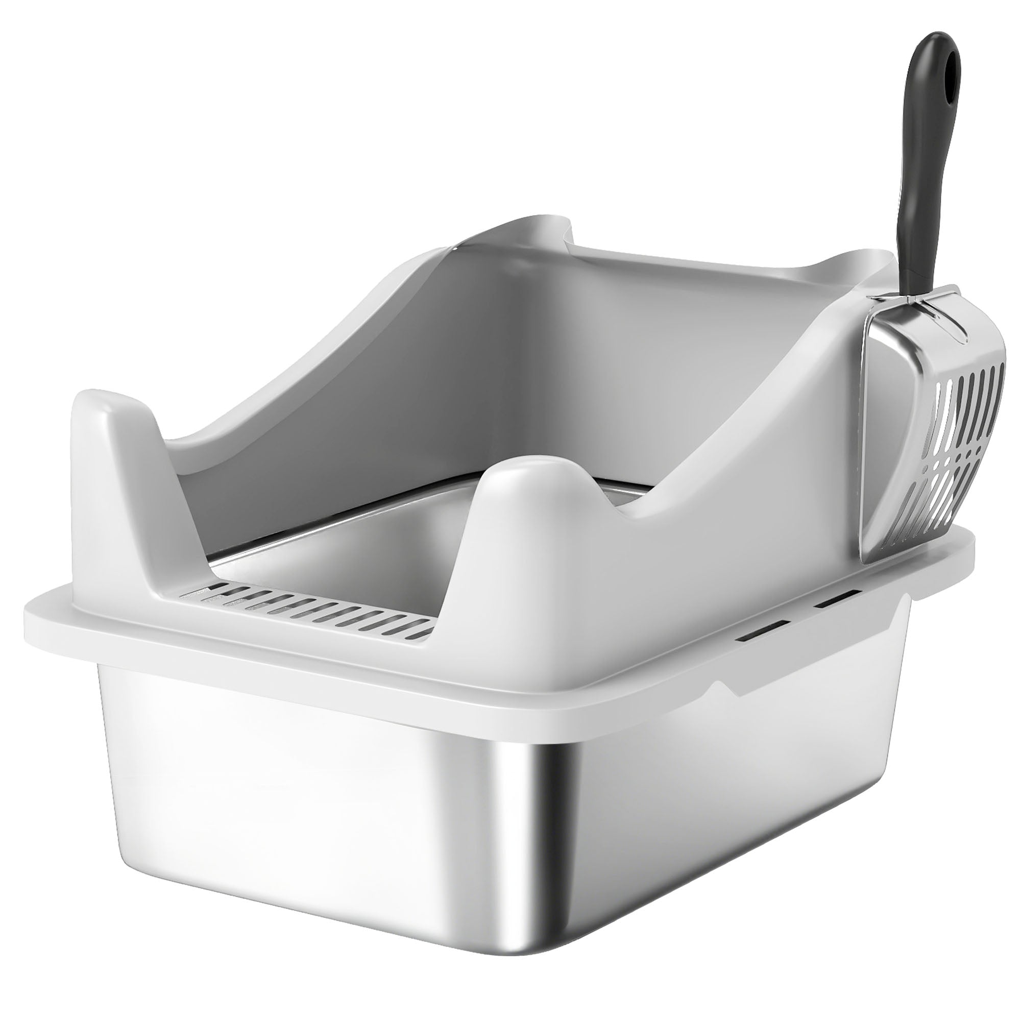 PawHut Stainless Steel Cat Litter Box with High Sides, Metal Scoop, 43 x 33 x 25 cm