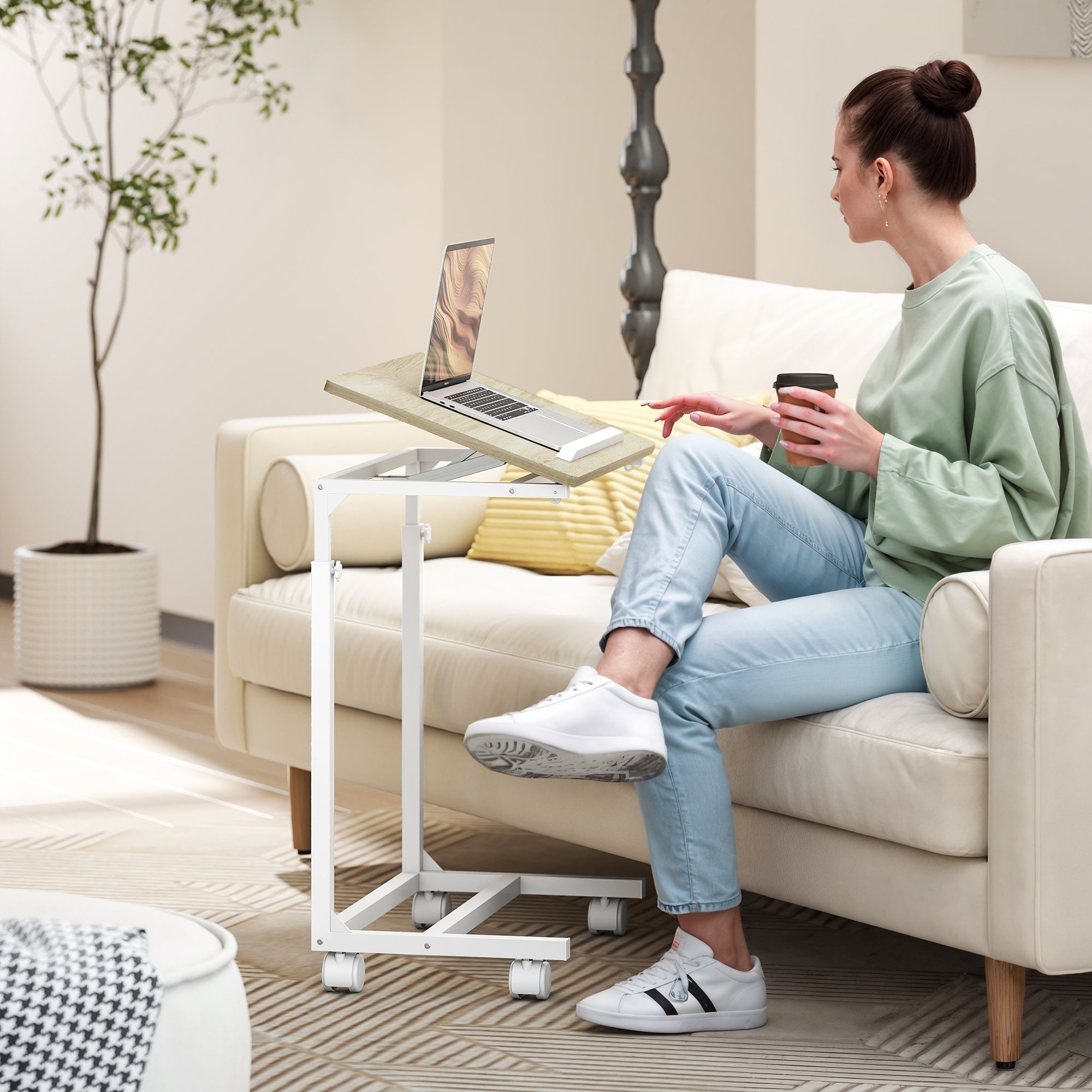 HOMCOM C-Shaped Sofa Side Table, Height Adjustable Overbed Table with Tilting Desktop, Mobile Laptop Desk for Living Room Bedroom, Oak and White