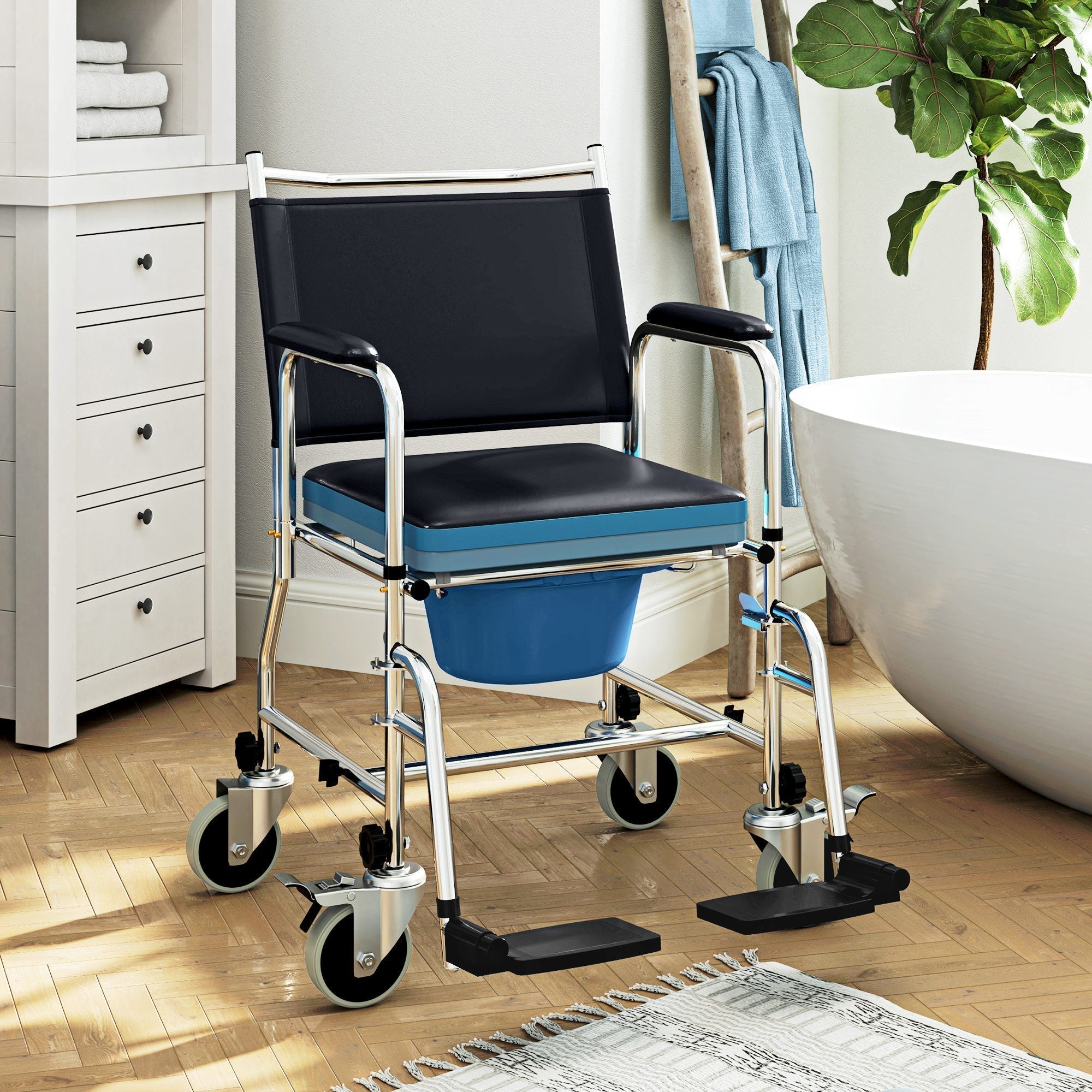 HOMCOM 3-In-1 Commode Wheelchair - Black