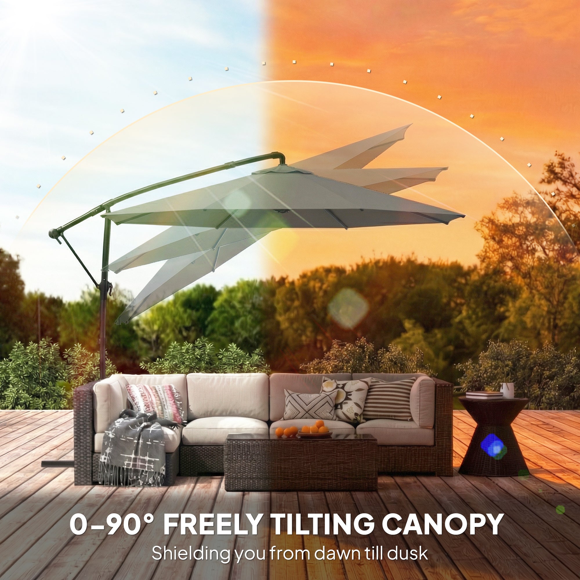 Outsunny 3 m Garden Cantilever Parasol with Cover, Round Overhanging Umbrella with 360Â° Rotation, Tilt, Grey
