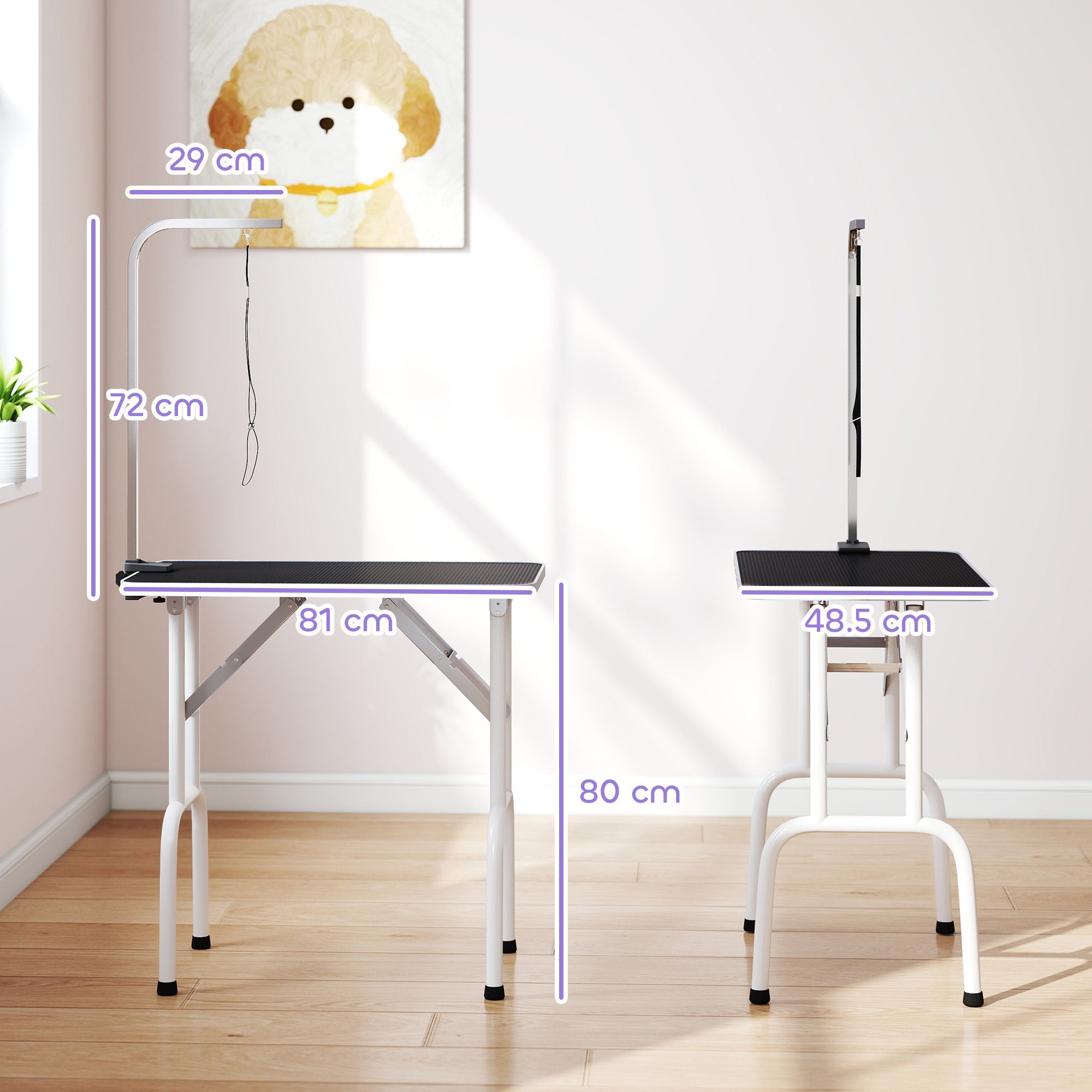 PawHut 32" Foldable Dog Grooming Table Pet Drying Beauty Table Adjustable Fixed Arm Rubber Top, Black