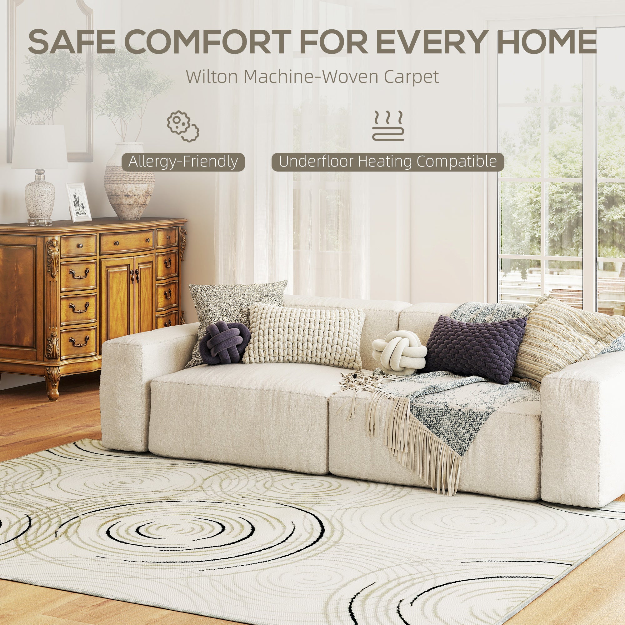 HOMCOM Modern Area Rug, Swirl Pattern Machine Washable Rug, Allergy-Friendly Floor Carpet for Living Room, Bedroom, Dining Room, Home Office, 230 x 160 cm, Cream White