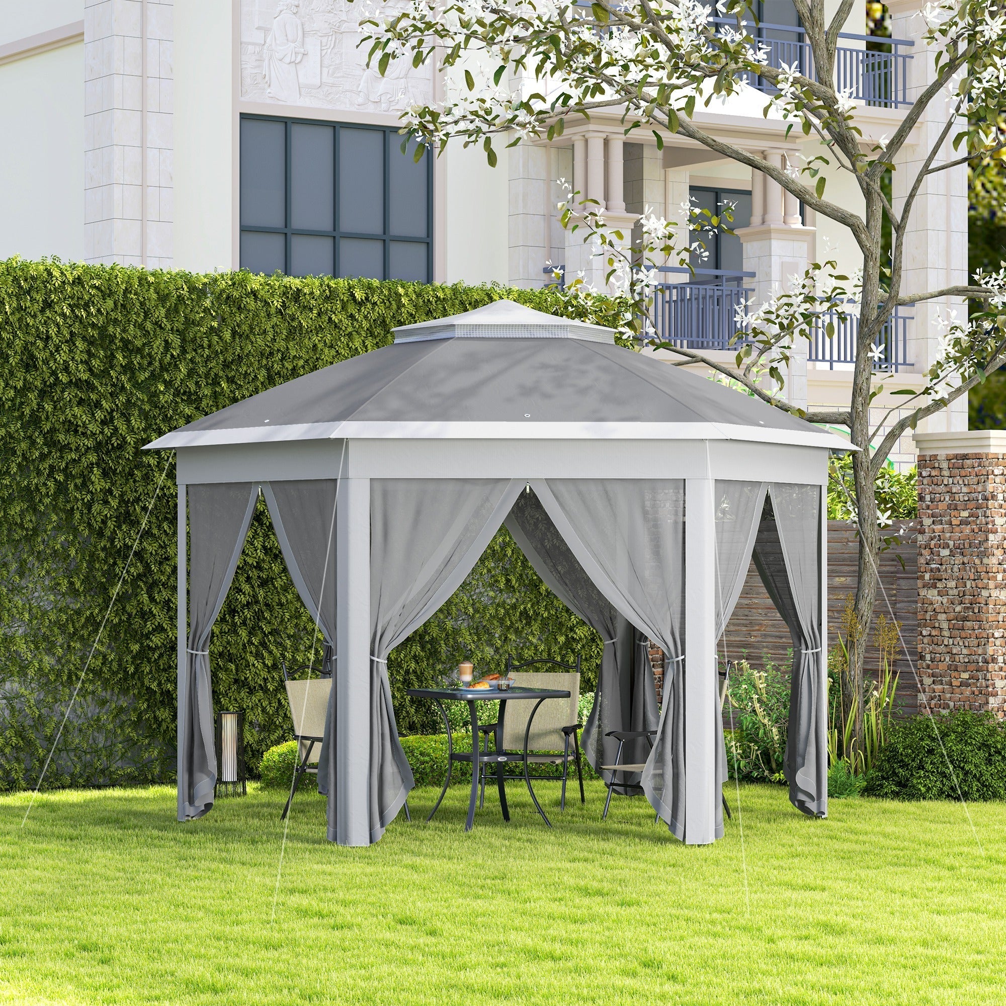 Outsunny 3 x 4m Garden Gazebo Hexagon Pop Up Gazebo Party Tent Canopy Double Roof Instant Shelter with Netting and Carry Bag for Outdoor Patio, Dark Grey