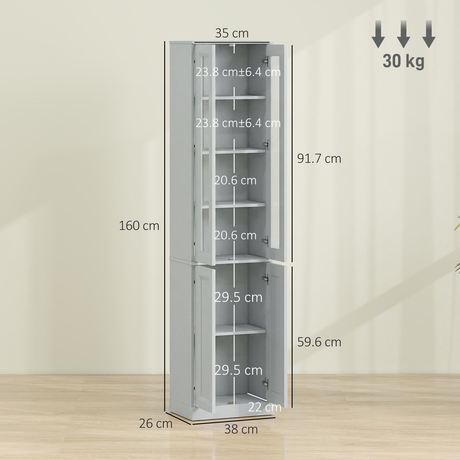 HOMCOM Tall Bathroom Storage Cabinet, 6-Tier Slim Bathroom Cabinet with Adjustable Shelf, 4 Soft-Close Doors, Dusty Blue