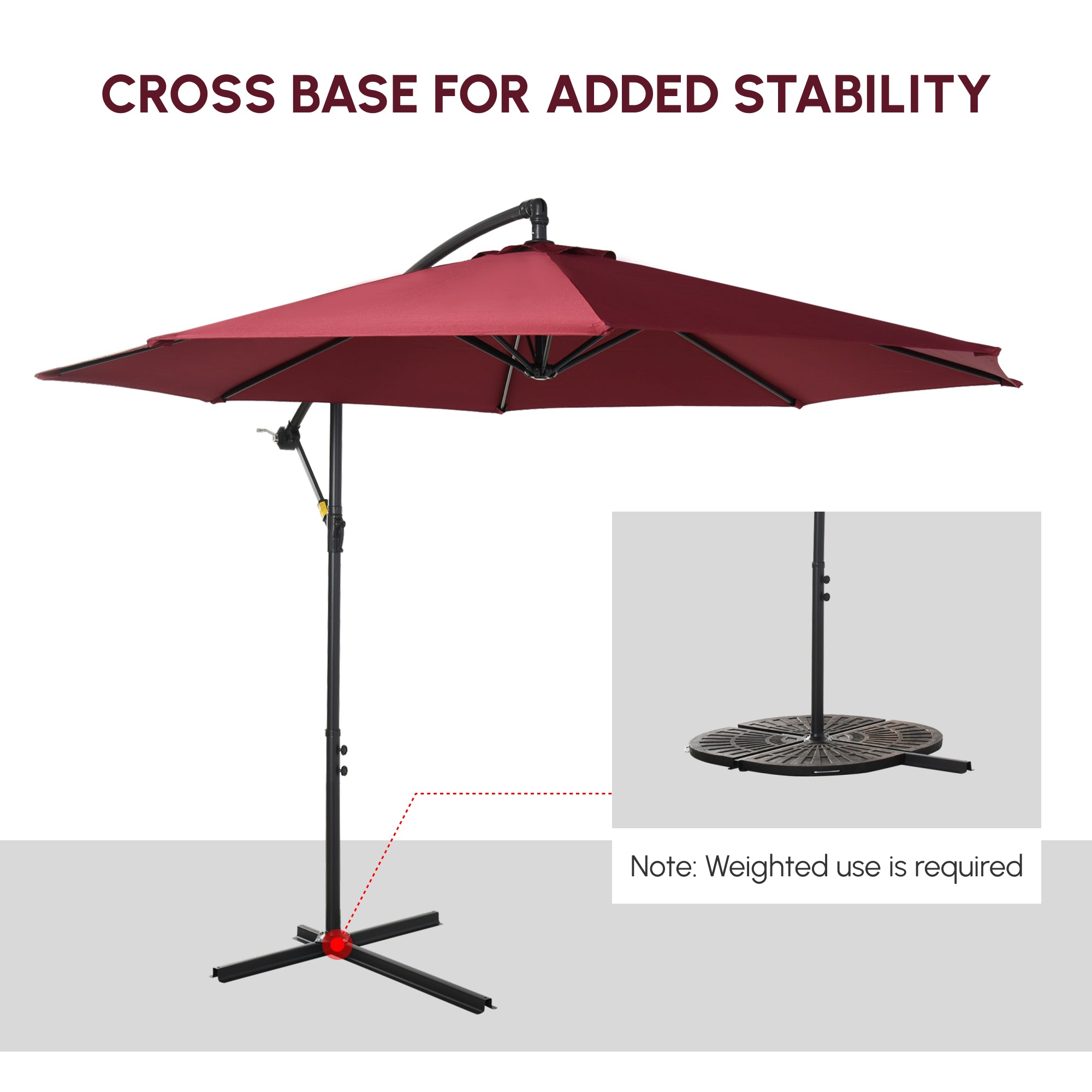 Outsunny Cantilever Umbrella Parasol Hanging Banana Steel Dark Green 3M Patio Wine Red