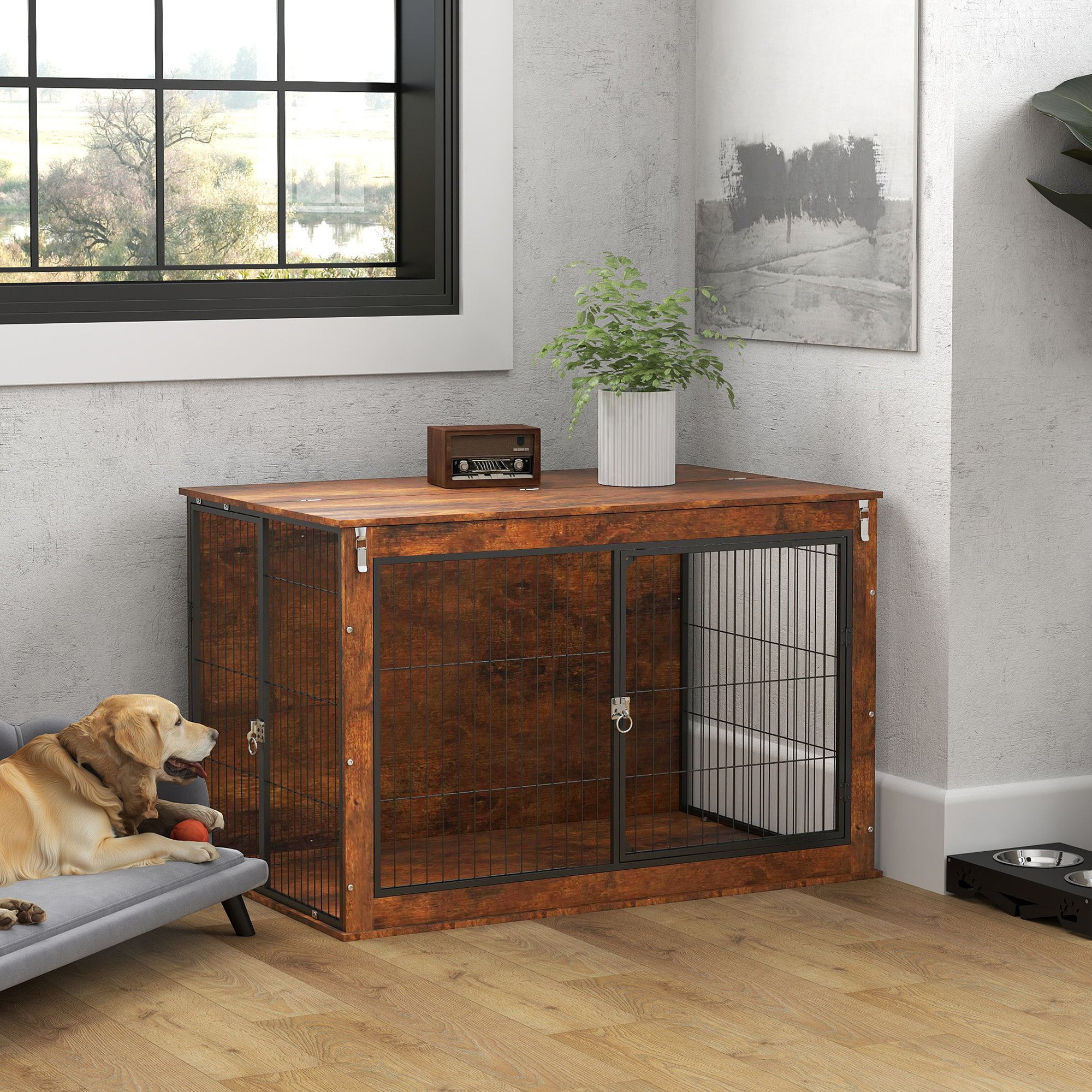 PawHut Dog Crate Furniture with Openable Top, Two Doors, for Extra Large Dogs, Rustic Brown