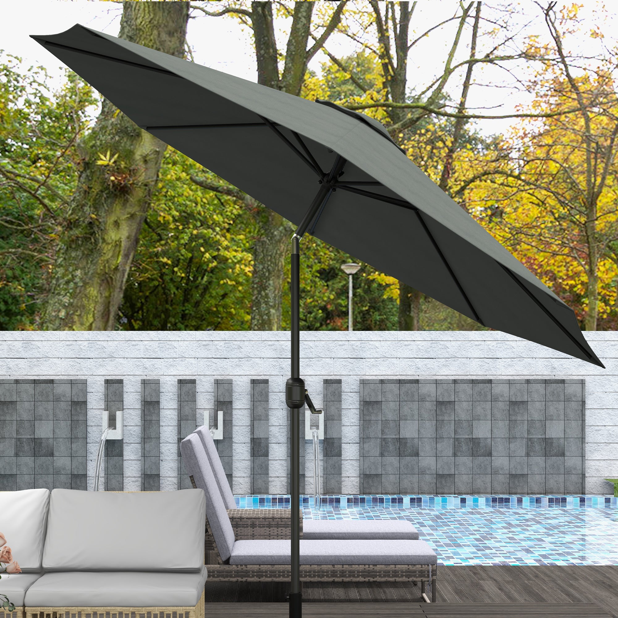 Outsunny 3(m) Tilting Parasol Garden Umbrellas, Outdoor Sun Shade with 8 Ribs, Tilt and Crank Handle for Balcony, Bench, Garden, Dark Grey