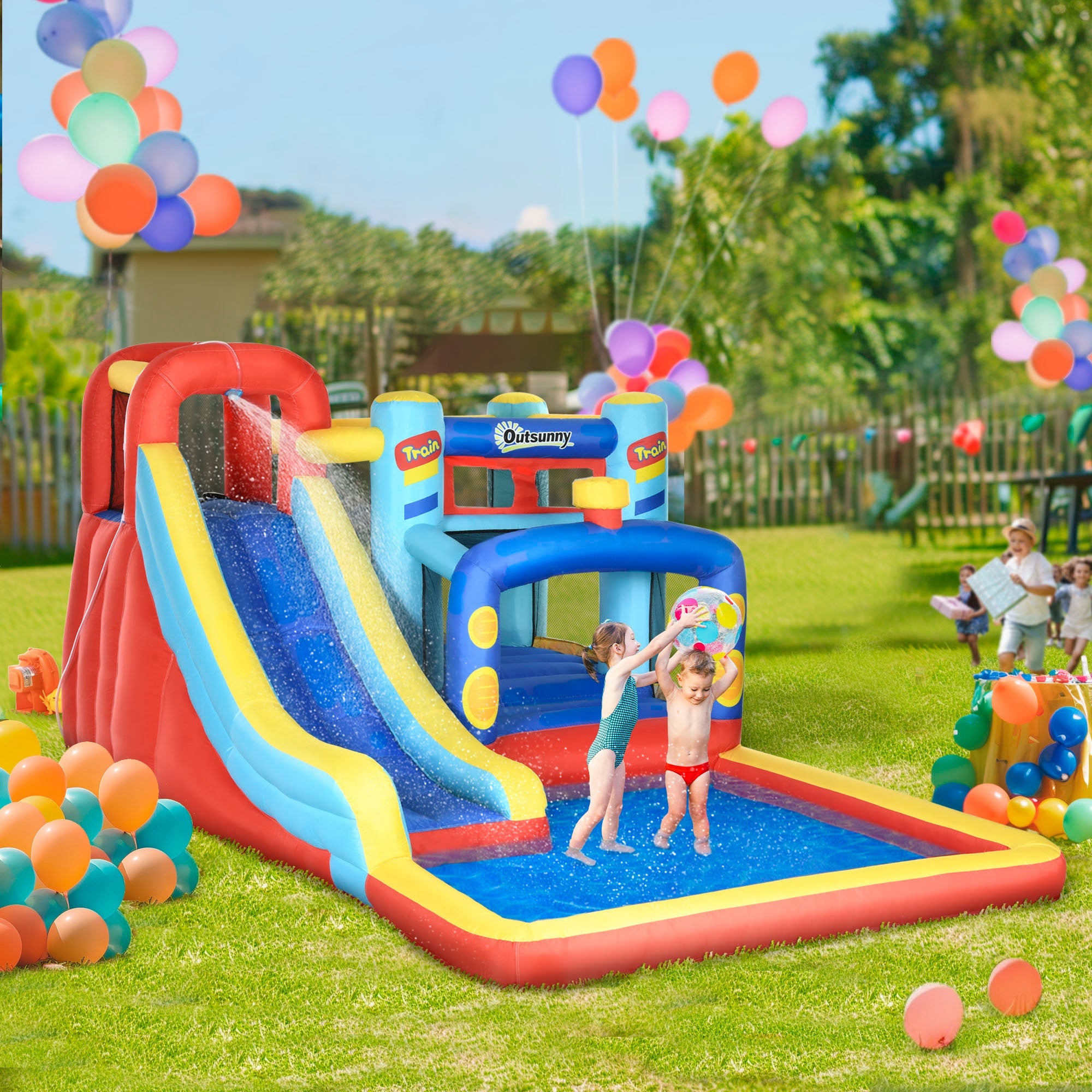 Outsunny 4-in-1 Bouncy Castle, with Slide, Trampoline, Climbing Wall, Blower, Multicoloured