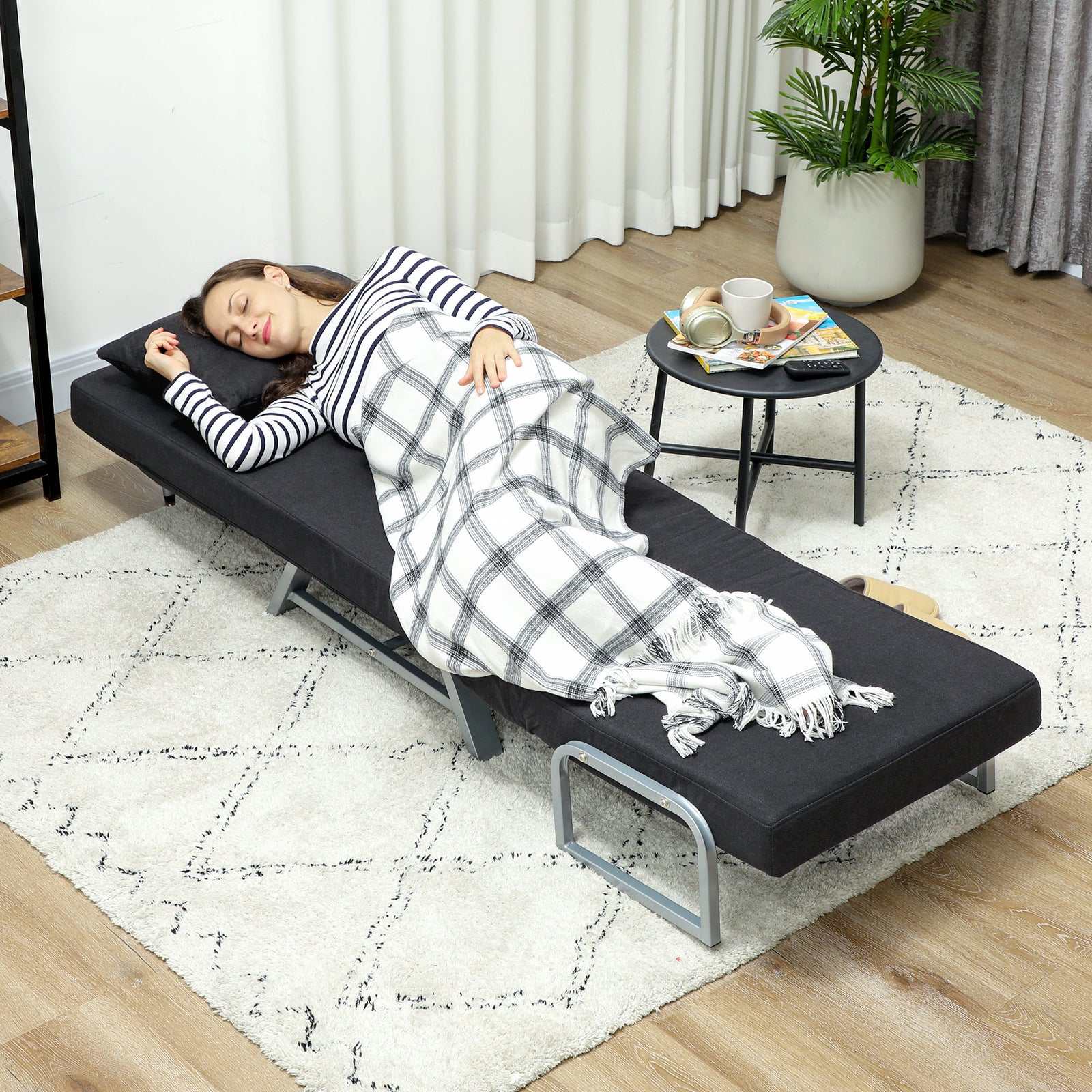 HOMCOM Single Sofa Bed, 3-in-1 Convertible Folding Chair Bed with Adjustable Backrest, Removable Armrests, Black