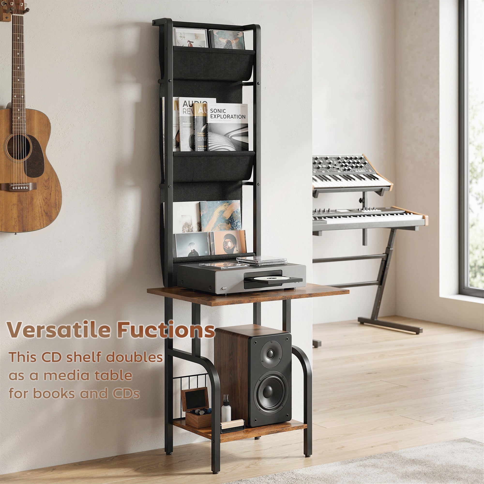 HOMCOM Vinyl Record Player Stand Record Storage with Player Stand Oxford Fabric Pockets Bottom Shelf Rustic Brown and Black