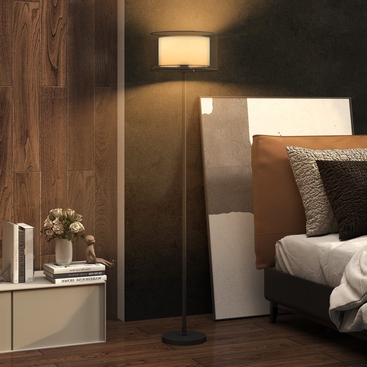 HOMCOM Floor Lamp for Living Room, Modern Standing Lamp with Double Layer Shade & Foot Switch, Minimalist Tall Pole Lampshade for Bedroom, Office, Black