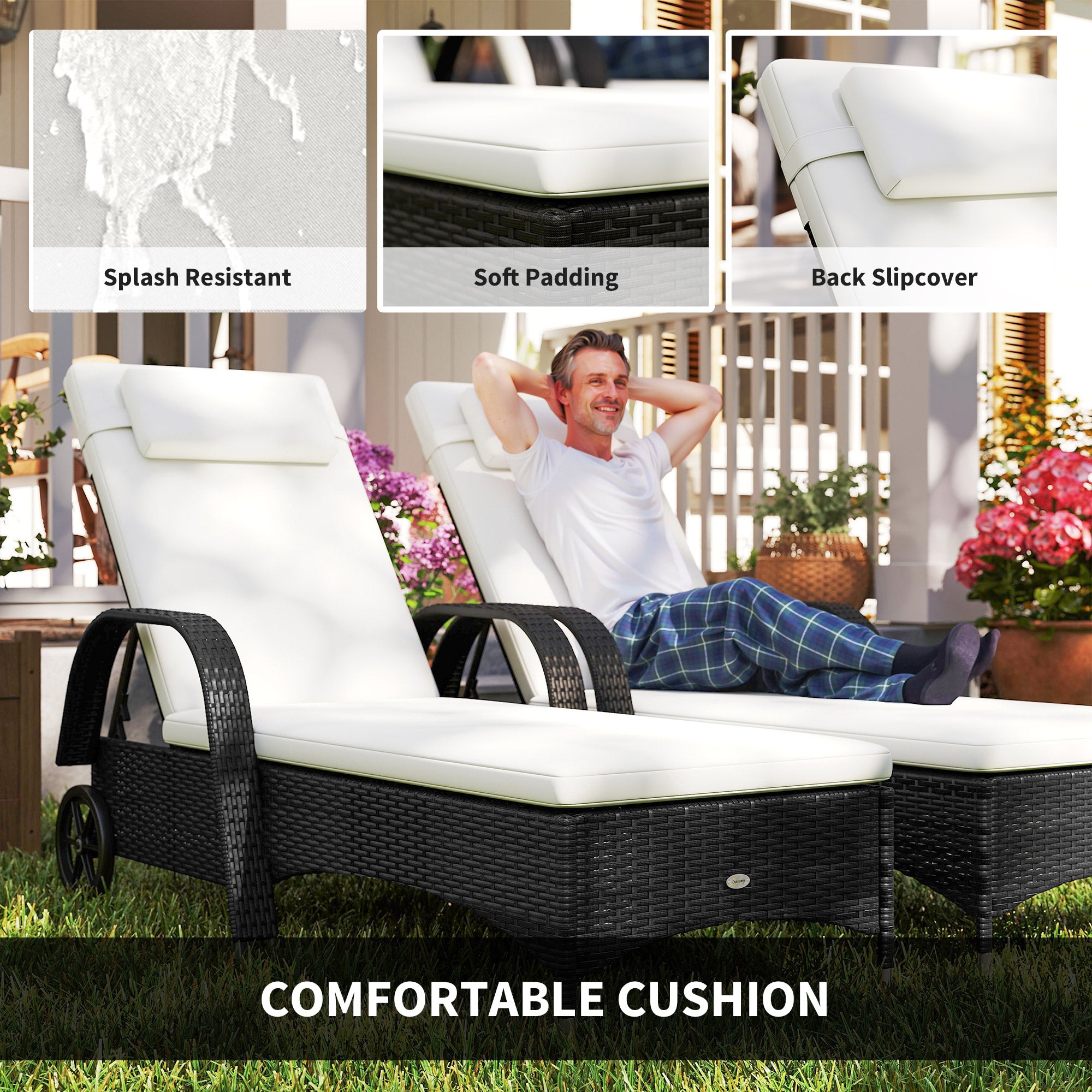 Outsunny 2 Seater Rattan Sun Lounger Set with Side Table Black