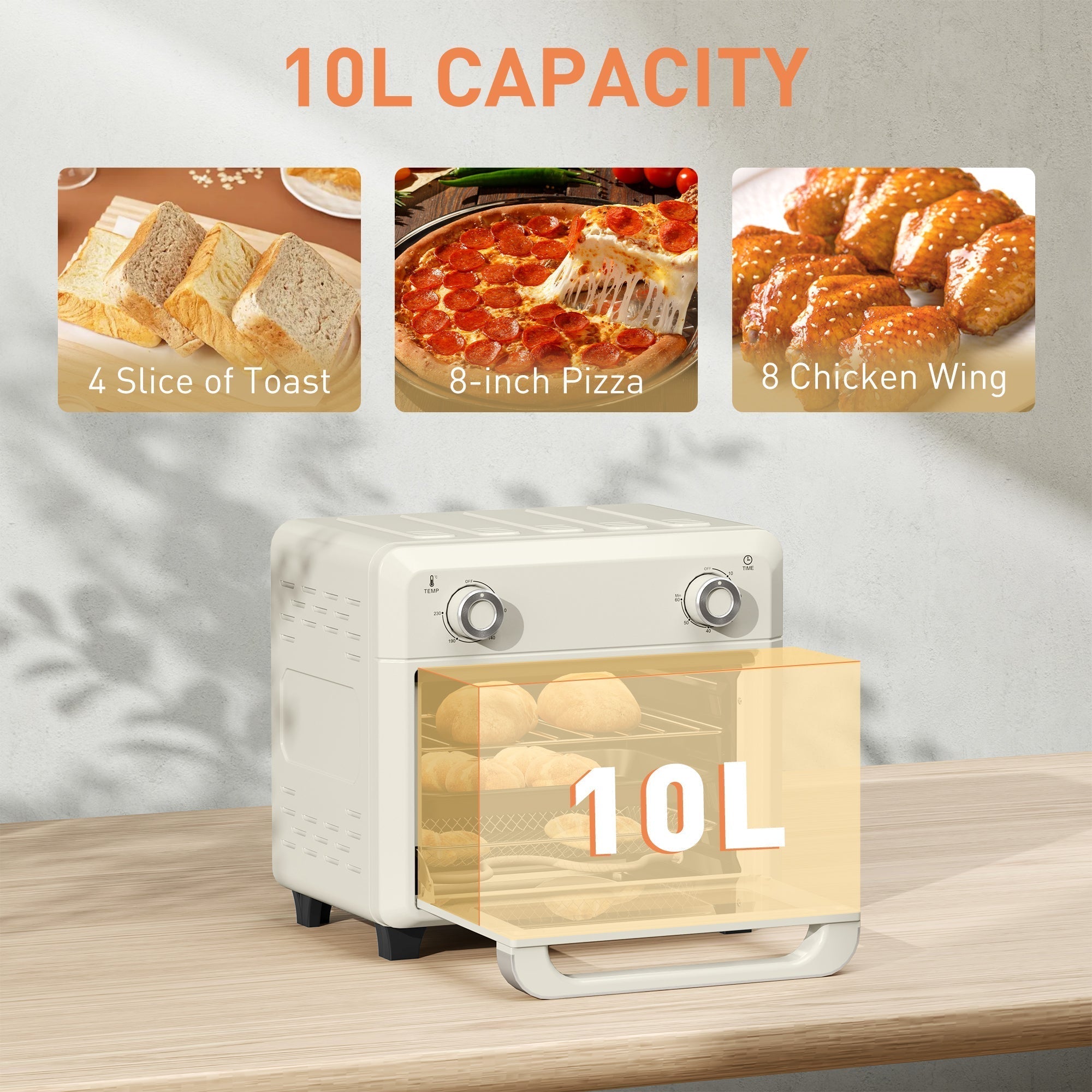 HOMCOM 10L Air Fryer Oven, Mini Oven, Oil Free Cooking, Grill, Roast, Bake, with Adjustable Temperature, Timer, Dishwasher Safe, 1000W, Cream White