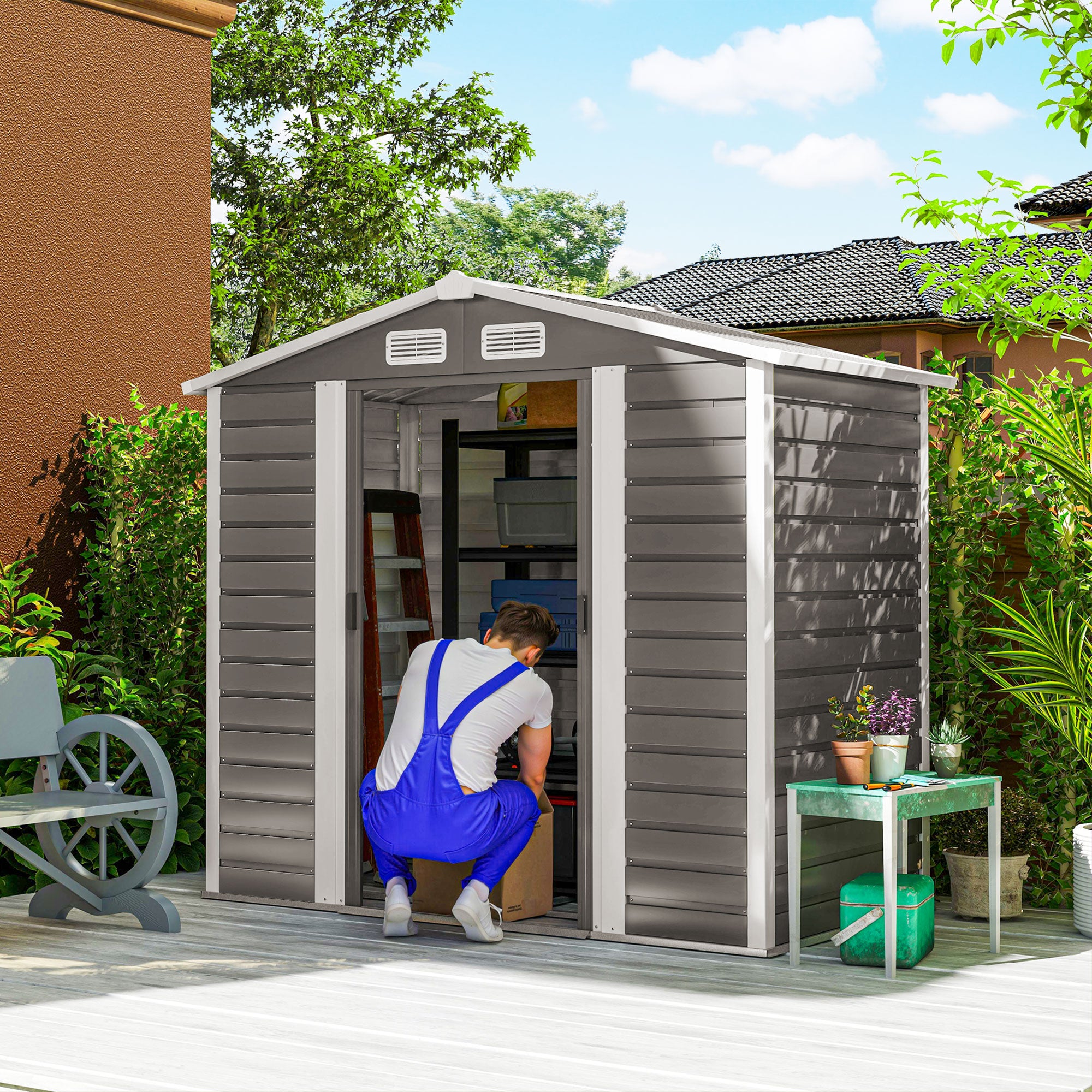 Outsunny 7 x 4ft Garden Shed, Easy to Assemble, Upgraded Galvanised Steel Frame with Foundation Kit, Double Doors with Lock, Outdoor Metal Shed with Vents and Gloves, Garden Storage Shed, Light Grey
