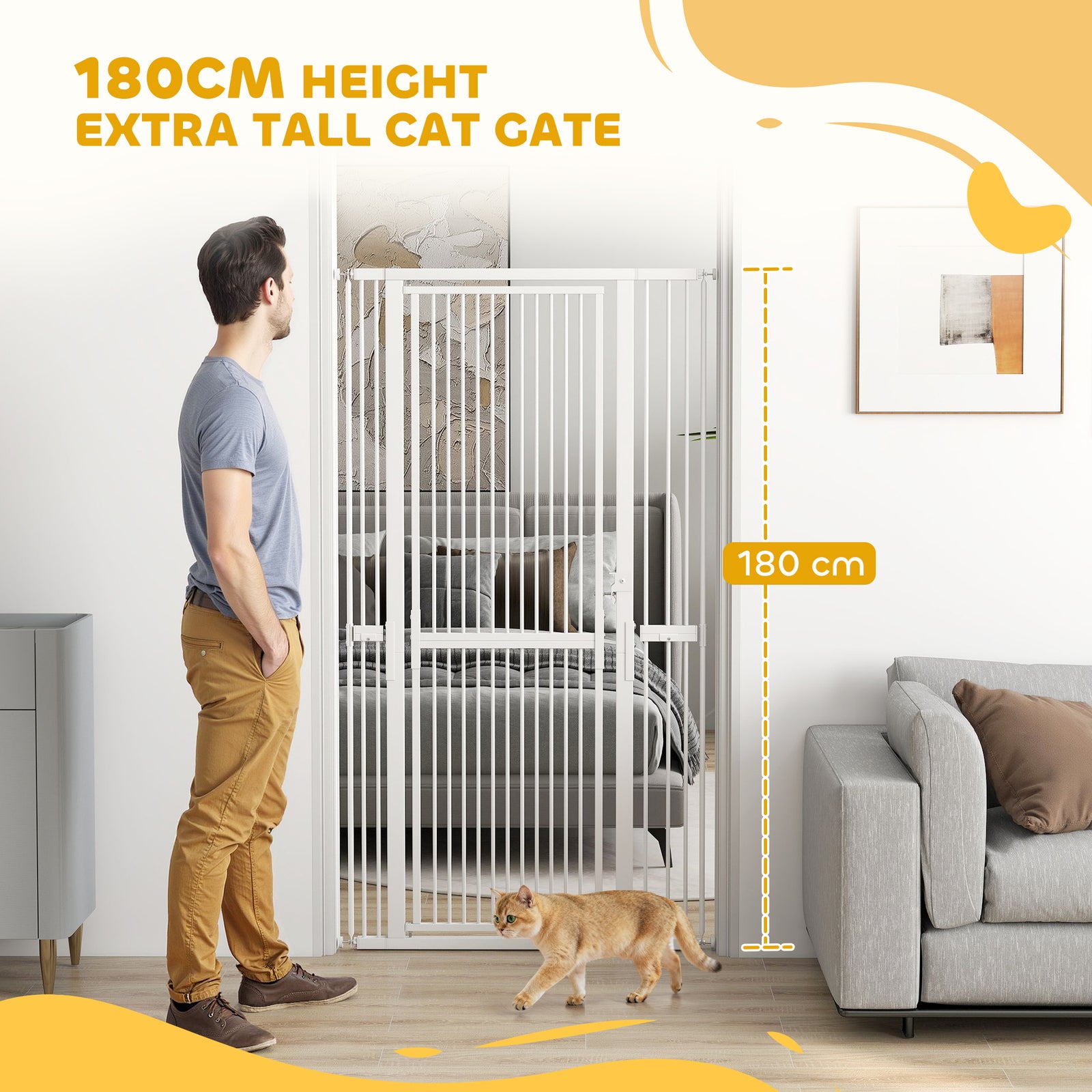 PawHut 180cm Extra Tall Pet Gate with 3.5 cm Narrow Gap, Pressure Mounted No Drilling Cat Gate for Doorways, 77-104cm Width