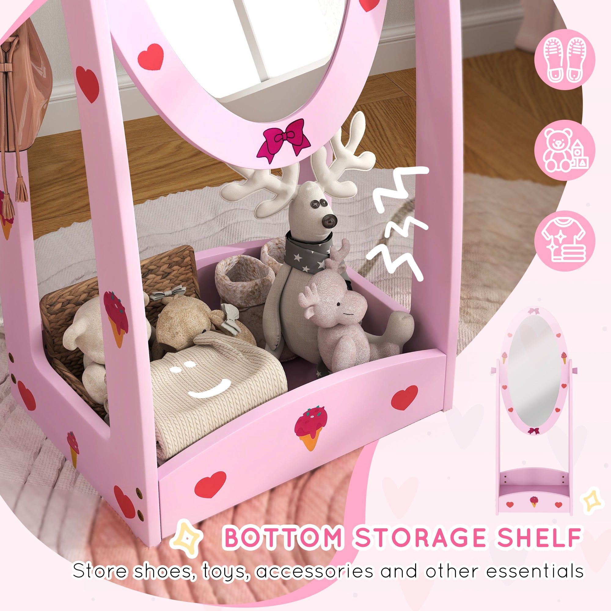 AIYAPLAY Kids Full Length Mirror, 360√Ç¬∞ Rotating Children Standing Mirror with Storage Shelf, Pink