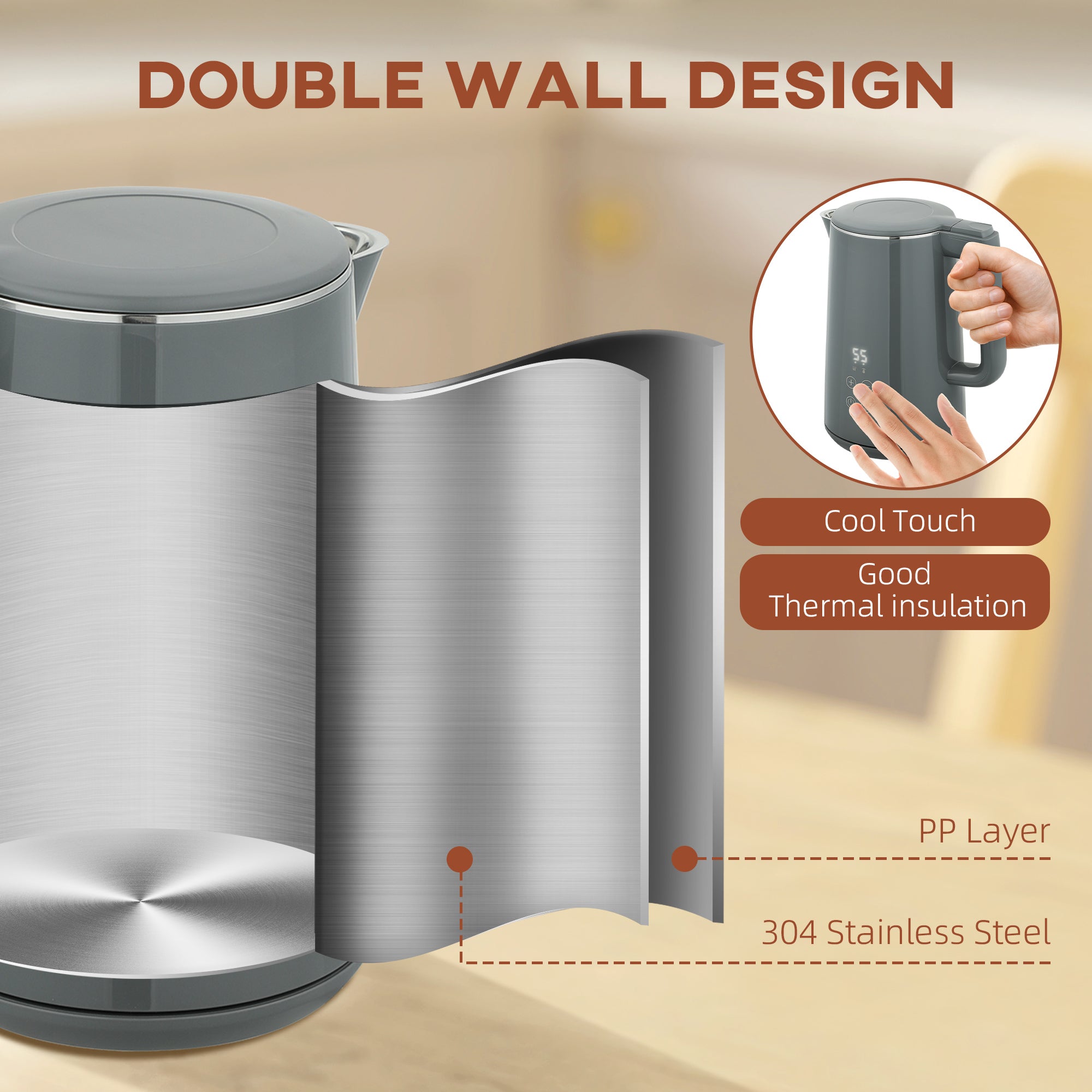 HOMCOM Digital Kettle and Toaster Set, 1.5L 3000W Fast Boil Kettle, 2 Slice Toaster Kitchen Set with 7 Level Browning Controls, Defrost, Reheat, Keep Warm, Crumb Tray and LED Touch Display, Grey