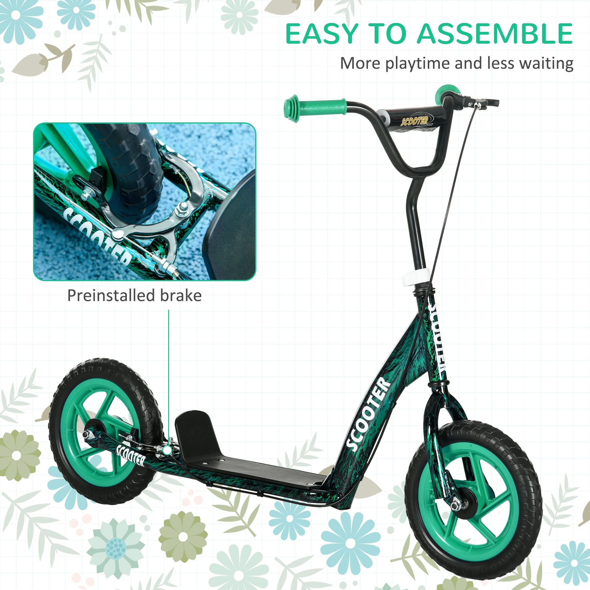AIYAPLAY Kids Scooter with Adjustable Handlebar, Children's Kick Scooter with Non-slip Footplate, Rear Brake, Kickstand, Green
